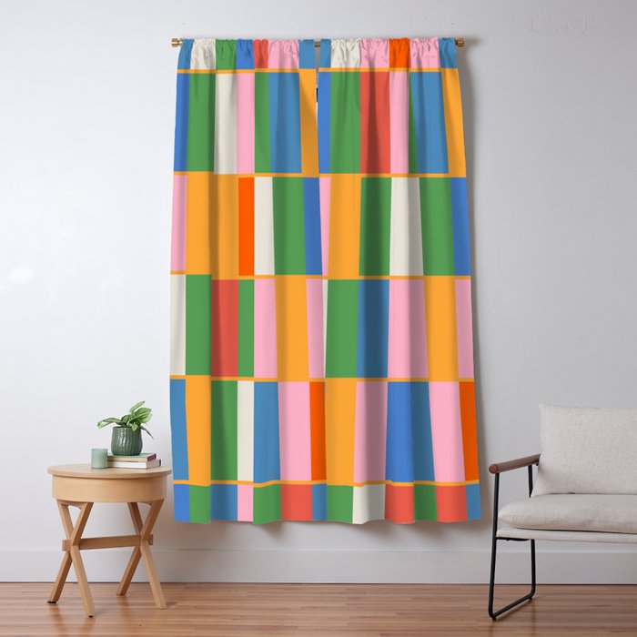 Long Blocks Colorful Retro Modern Geometric Checked Pattern 2 Pink Blue Orange Green Window Curtain Gallery Image 1