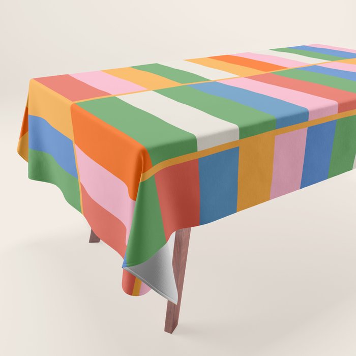 Long Blocks Colorful Retro Modern Geometric Checked Pattern 2 Pink Blue Orange Green Tablecloth Gallery Image 1