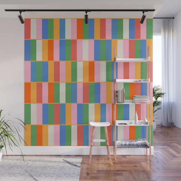 Long Blocks Colorful Retro Modern Geometric Checked Pattern 2 Pink Blue Orange Green Wall Mural Gallery Image 1