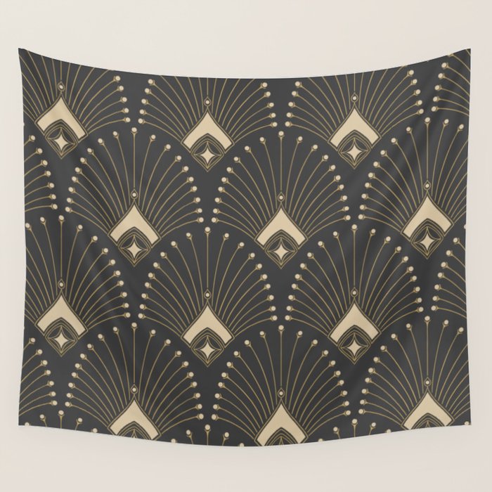 Gatsby Art Deco Gold Palm On Dark Background Wall Tapestry Gallery Image 4