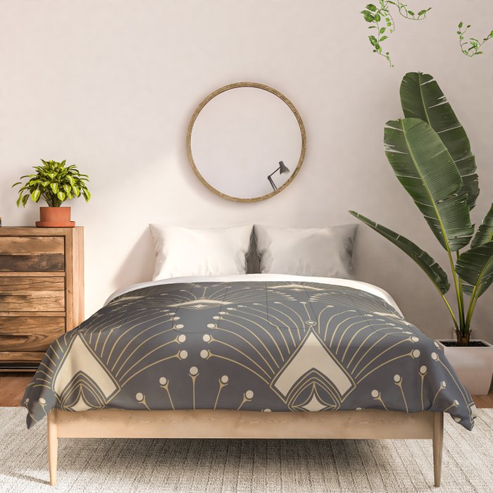 Gatsby Art Deco Gold Palm On Dark Background Comforter Gallery Image 3