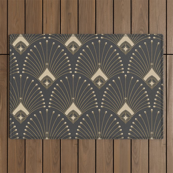 Gatsby Art Deco Gold Palm On Dark Background Outdoor Rug Gallery Image 1