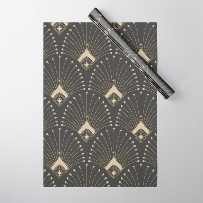 Gatsby Art Deco Gold Palm On Dark Background Wrapping Paper Gallery Image 1