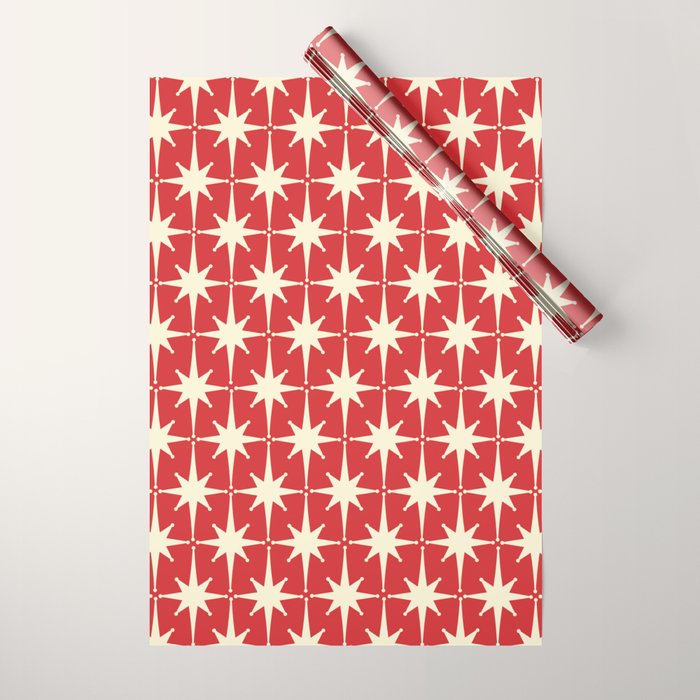 Atomic Age Starbursts - Midcentury Modern Pattern in Cream and Retro Christmas Red Wrapping Paper Gallery Image 1