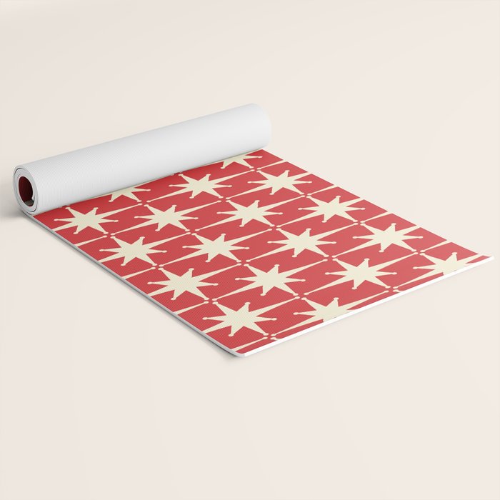 Atomic Age Starbursts - Midcentury Modern Pattern in Cream and Retro Christmas Red Yoga Mat Gallery Image 2