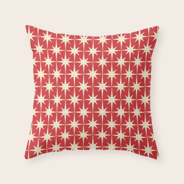 Atomic Age Starbursts - Midcentury Modern Pattern in Cream and Retro Christmas Red Throw Pillow Gallery Image 1