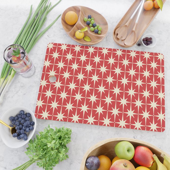 Atomic Age Starbursts - Midcentury Modern Pattern in Cream and Retro Christmas Red Cutting Board Gallery Image 2