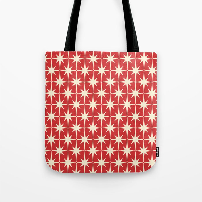 Atomic Age Starbursts - Midcentury Modern Pattern in Cream and Retro Christmas Red Tote Bag Gallery Image 1