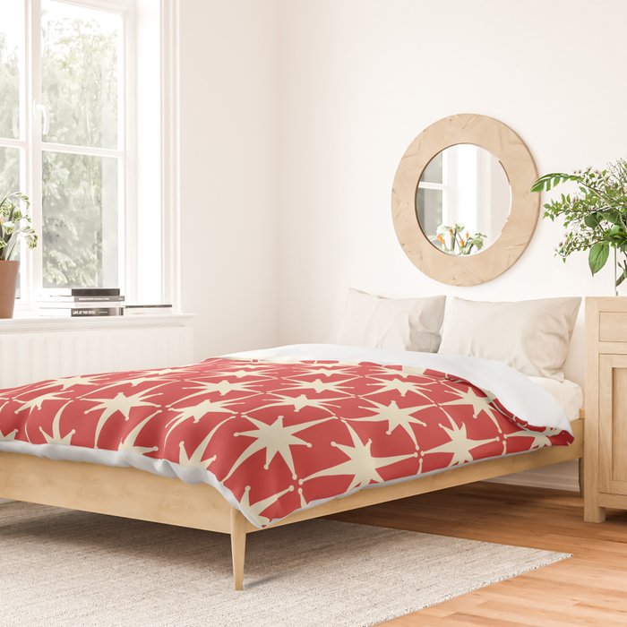 Atomic Age Starbursts - Midcentury Modern Pattern in Cream and Retro Christmas Red Duvet Cover Gallery Image 2