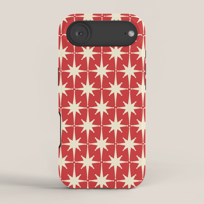 Atomic Age Starbursts - Midcentury Modern Pattern in Cream and Retro Christmas Red iPhone Case Gallery Image 2