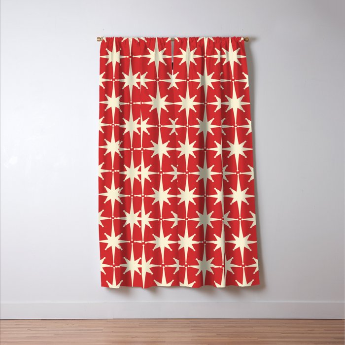Atomic Age Starbursts - Midcentury Modern Pattern in Cream and Retro Christmas Red Window Curtain Gallery Image 3