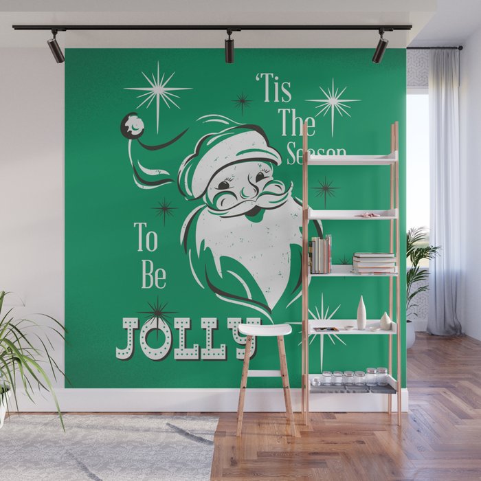 'Tis The Season - Retro Santa Green Wall Mural Gallery Image 1