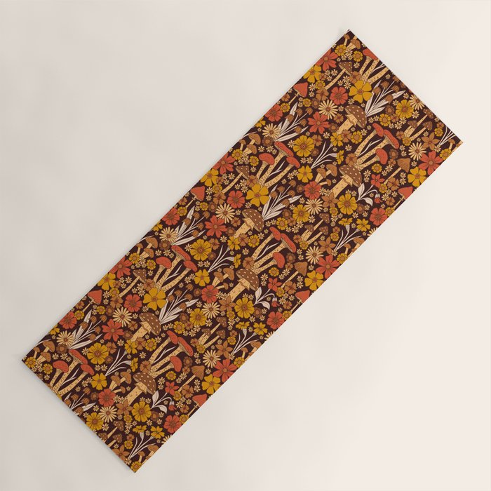 Retro 1970s Brown & Orange Mushrooms & Flowers Yoga Mat Gallery Image 1