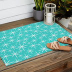 Mid Century Modern Twinkling Starburst Pattern in Robins Egg Turquoise Blue and White Outdoor Rug Gallery Image 2