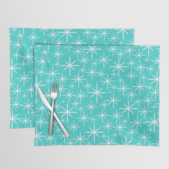 Mid Century Modern Twinkling Starburst Pattern in Robins Egg Turquoise Blue and White Placemat Gallery Image 1