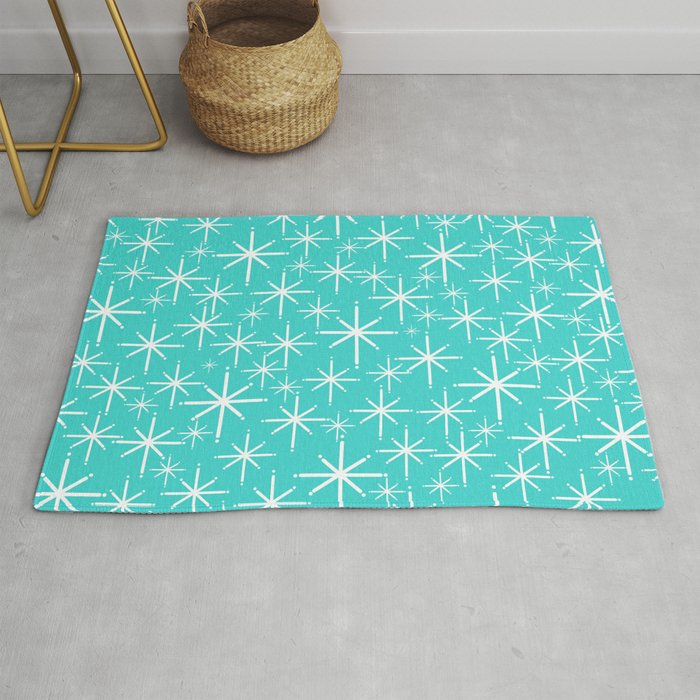 Mid Century Modern Twinkling Starburst Pattern in Robins Egg Turquoise Blue and White Rug Gallery Image 1