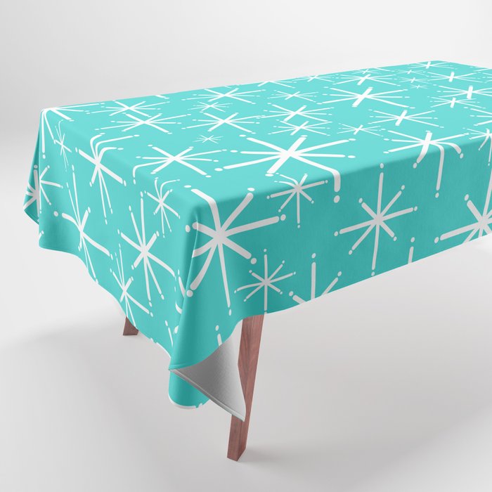 Mid Century Modern Twinkling Starburst Pattern in Robins Egg Turquoise Blue and White Tablecloth Gallery Image 1