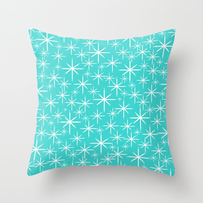 Mid Century Modern Twinkling Starburst Pattern in Robins Egg Turquoise Blue and White Throw Pillow Gallery Image 1