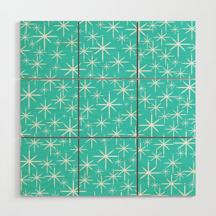 Mid Century Modern Twinkling Starburst Pattern in Robins Egg Turquoise Blue and White Wood Wall Art Gallery Image 1