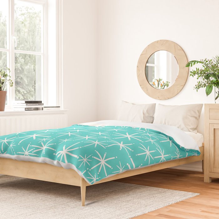 Mid Century Modern Twinkling Starburst Pattern in Robins Egg Turquoise Blue and White Duvet Cover Gallery Image 2