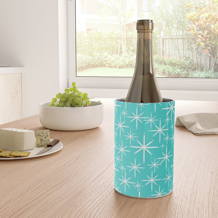 Mid Century Modern Twinkling Starburst Pattern in Robins Egg Turquoise Blue and White Wine Chiller Gallery Image 4