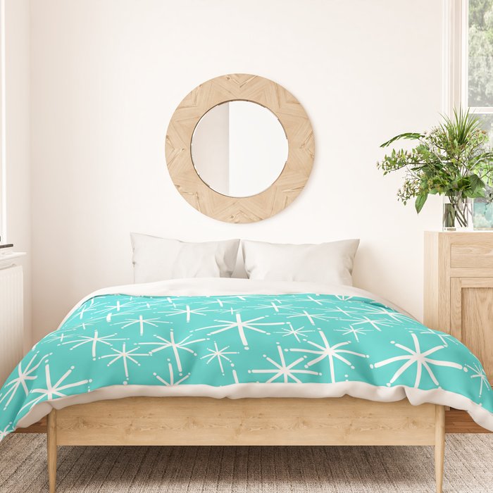 Mid Century Modern Twinkling Starburst Pattern in Robins Egg Turquoise Blue and White Duvet Cover Gallery Image 3