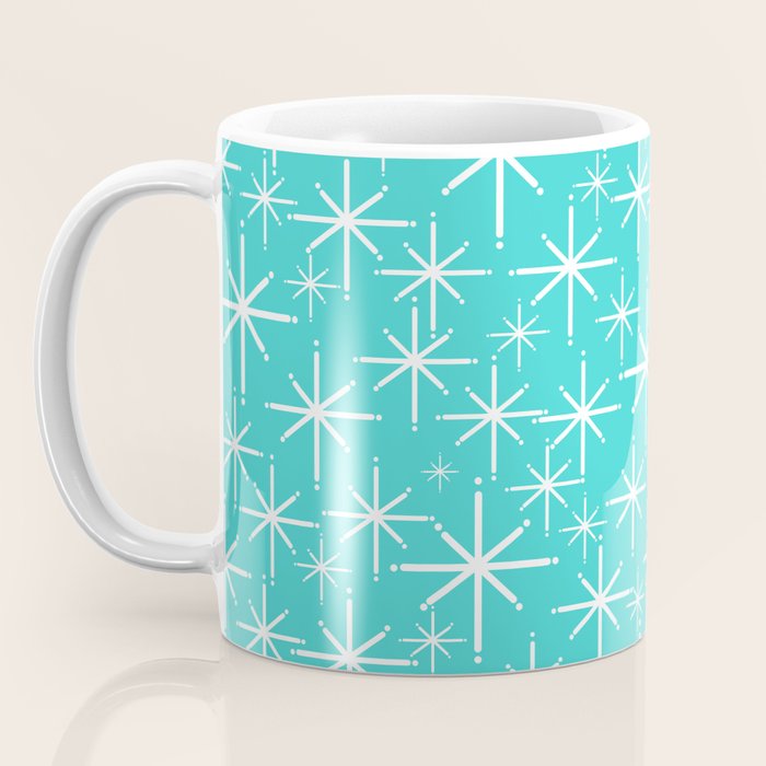 Mid Century Modern Twinkling Starburst Pattern in Robins Egg Turquoise Blue and White Coffee Mug Gallery Image 3