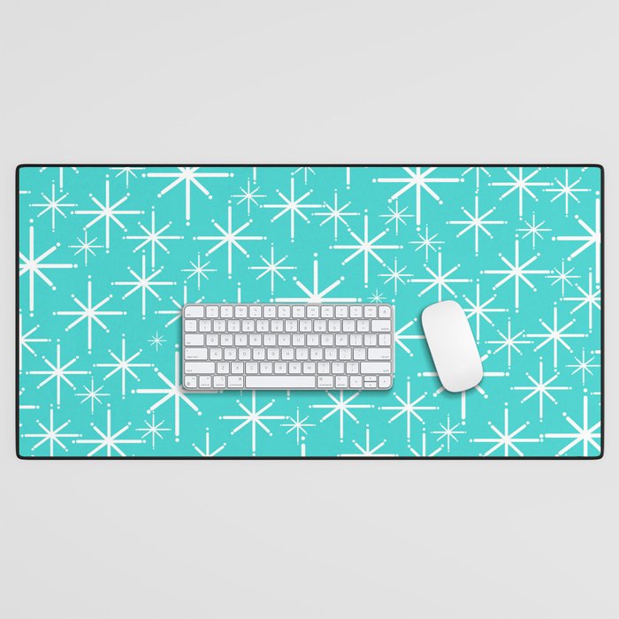 Mid Century Modern Twinkling Starburst Pattern in Robins Egg Turquoise Blue and White Desk Mat Gallery Image 1
