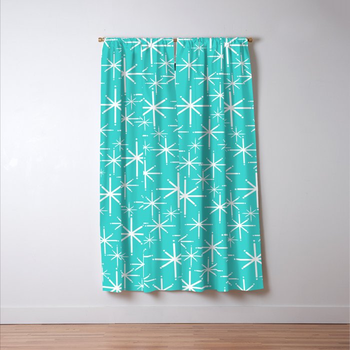 Mid Century Modern Twinkling Starburst Pattern in Robins Egg Turquoise Blue and White Window Curtain Gallery Image 3