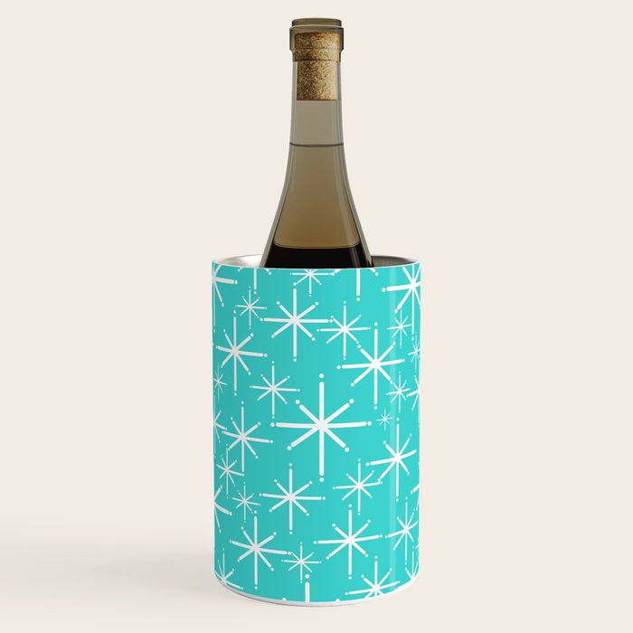 Mid Century Modern Twinkling Starburst Pattern in Robins Egg Turquoise Blue and White Wine Chiller Gallery Image 1