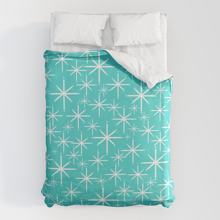 Mid Century Modern Twinkling Starburst Pattern in Robins Egg Turquoise Blue and White Duvet Cover Gallery Image 6
