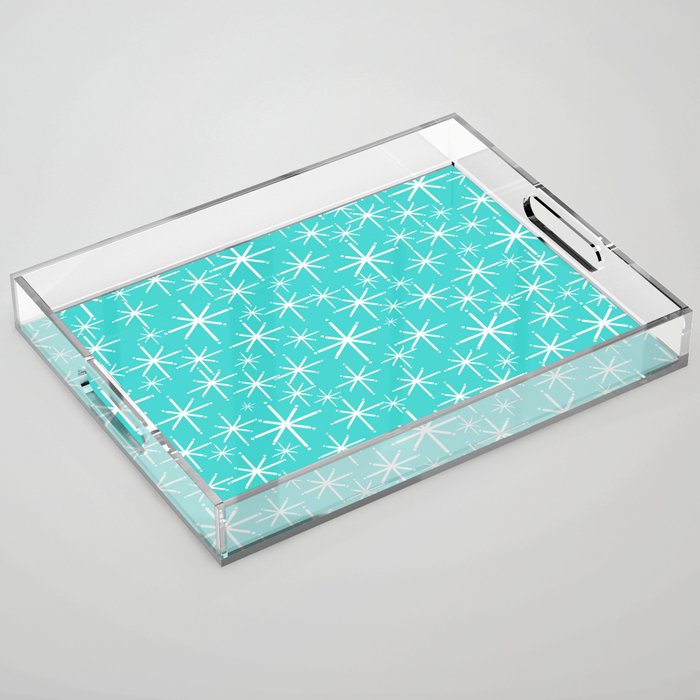 Mid Century Modern Twinkling Starburst Pattern in Robins Egg Turquoise Blue and White Acrylic Tray Gallery Image 1