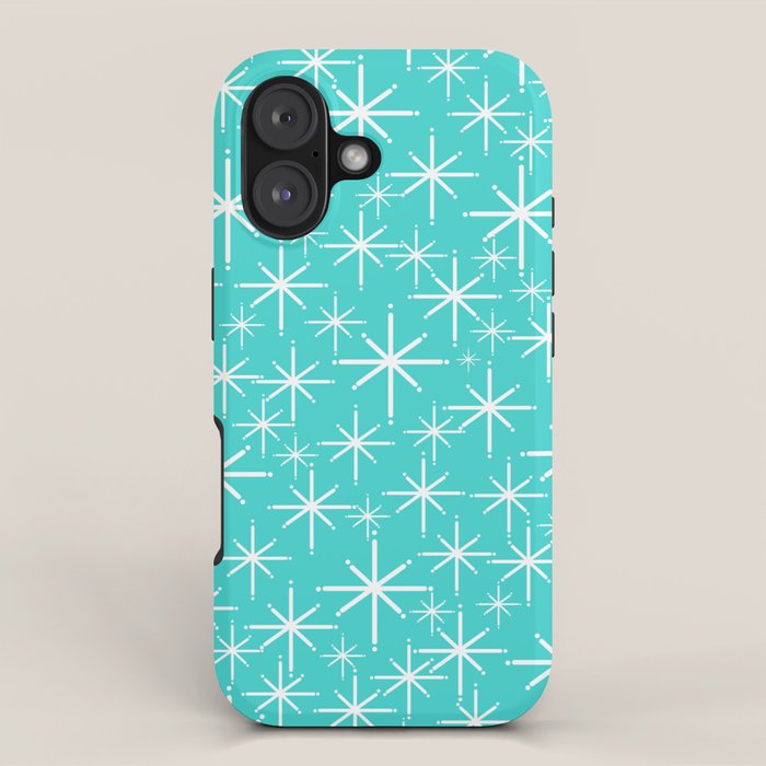 Mid Century Modern Twinkling Starburst Pattern in Robins Egg Turquoise Blue and White iPhone Case Gallery Image 1