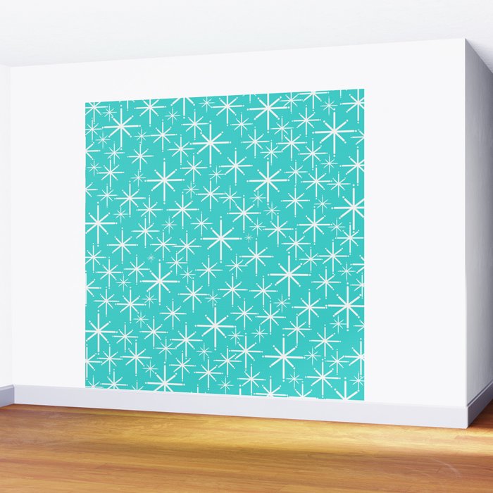 Mid Century Modern Twinkling Starburst Pattern in Robins Egg Turquoise Blue and White Wall Mural Gallery Image 2