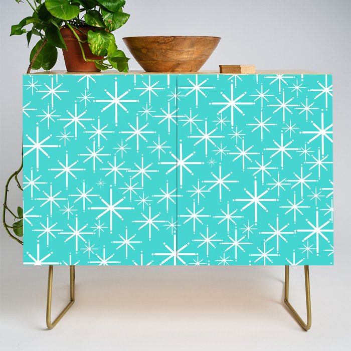 Mid Century Modern Twinkling Starburst Pattern in Robins Egg Turquoise Blue and White Credenza Gallery Image 1