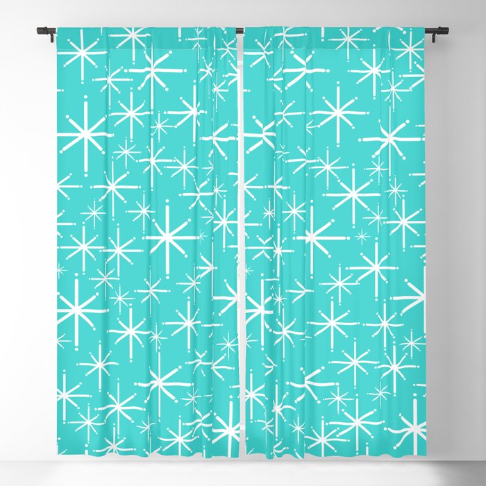 Mid Century Modern Twinkling Starburst Pattern in Robins Egg Turquoise Blue and White Window Curtain Gallery Image 5