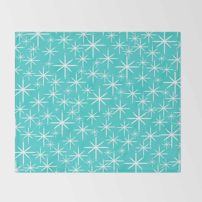 Mid Century Modern Twinkling Starburst Pattern in Robins Egg Turquoise Blue and White Throw Blanket Gallery Image 2
