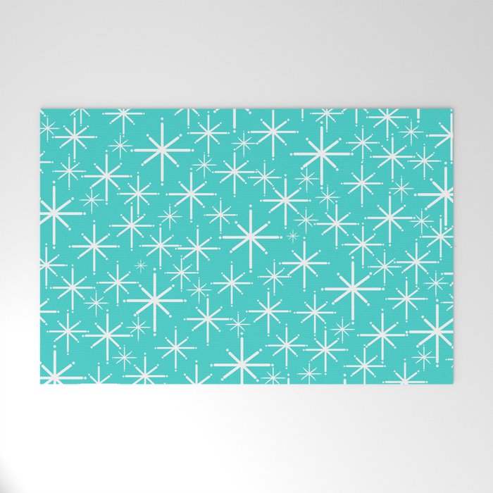 Mid Century Modern Twinkling Starburst Pattern in Robins Egg Turquoise Blue and White Welcome Mat Gallery Image 1