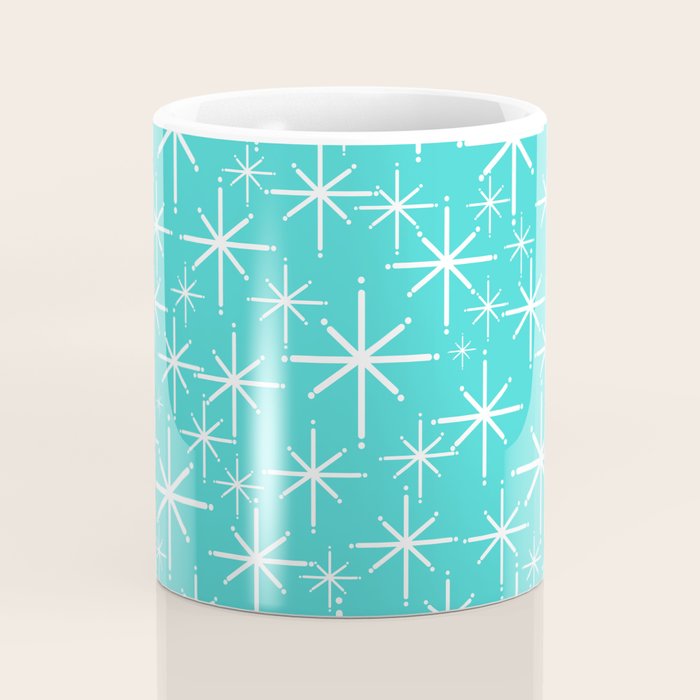 Mid Century Modern Twinkling Starburst Pattern in Robins Egg Turquoise Blue and White Coffee Mug Gallery Image 4
