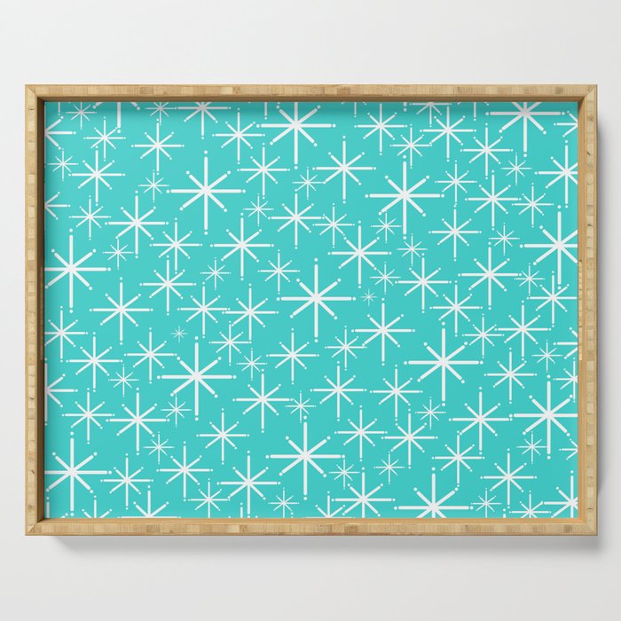 Mid Century Modern Twinkling Starburst Pattern in Robins Egg Turquoise Blue and White Serving Tray Gallery Image 1