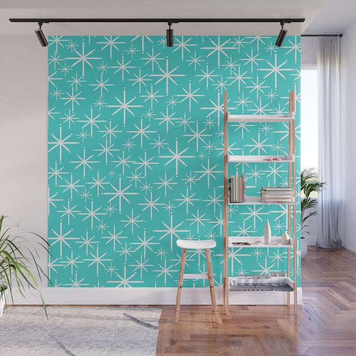 Mid Century Modern Twinkling Starburst Pattern in Robins Egg Turquoise Blue and White Wall Mural Gallery Image 1