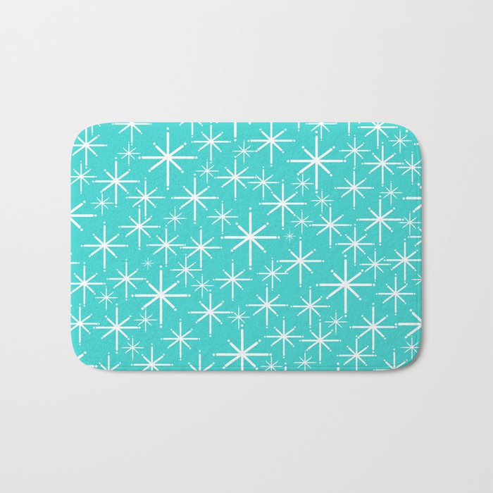 Mid Century Modern Twinkling Starburst Pattern in Robins Egg Turquoise Blue and White Bath Mat Gallery Image 1
