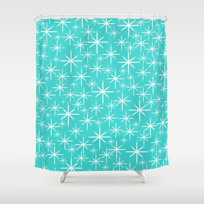 Mid Century Modern Twinkling Starburst Pattern in Robins Egg Turquoise Blue and White Shower Curtain Gallery Image 1