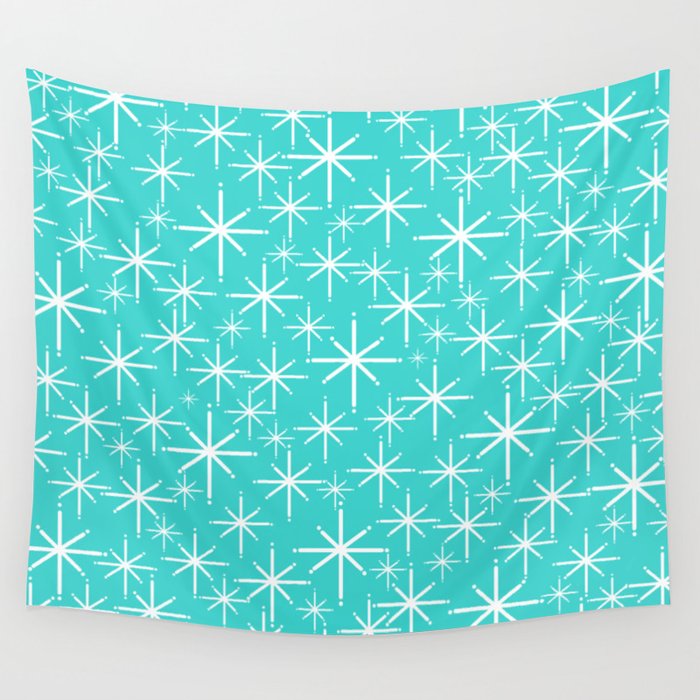 Mid Century Modern Twinkling Starburst Pattern in Robins Egg Turquoise Blue and White Wall Tapestry Gallery Image 4