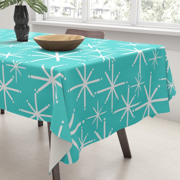 Mid Century Modern Twinkling Starburst Pattern in Robins Egg Turquoise Blue and White Tablecloth Gallery Image 3