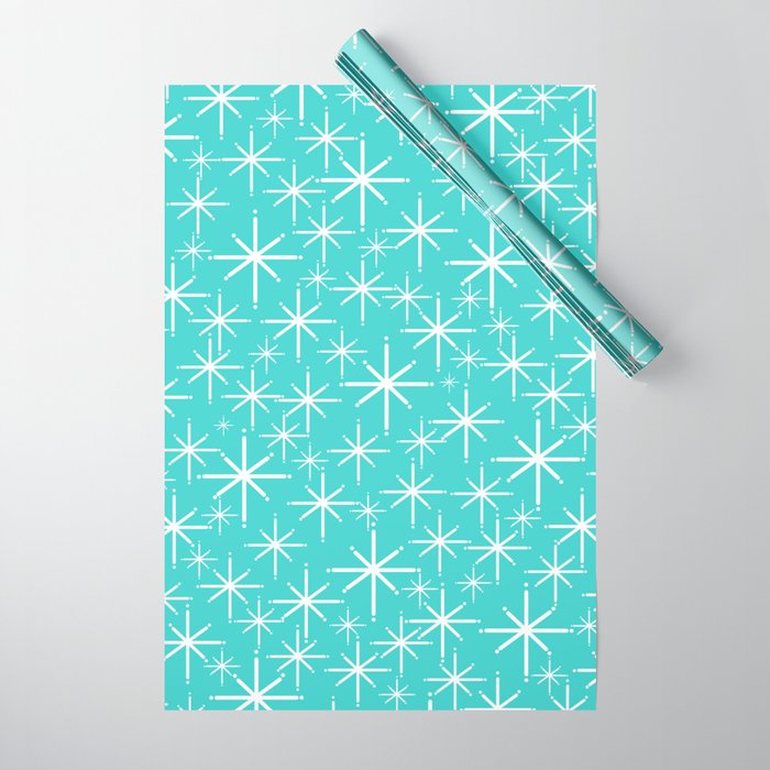 Mid Century Modern Twinkling Starburst Pattern in Robins Egg Turquoise Blue and White Wrapping Paper Gallery Image 1