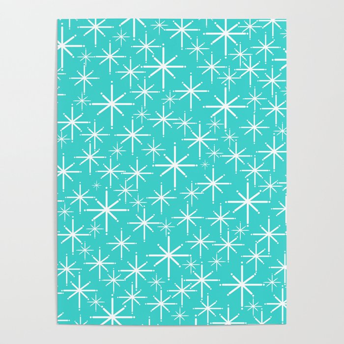 Mid Century Modern Twinkling Starburst Pattern in Robins Egg Turquoise Blue and White Poster Gallery Image 4