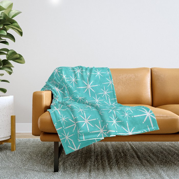 Mid Century Modern Twinkling Starburst Pattern in Robins Egg Turquoise Blue and White Throw Blanket Gallery Image 1