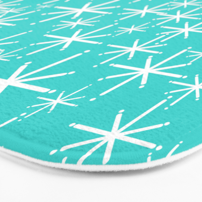 Mid Century Modern Twinkling Starburst Pattern in Robins Egg Turquoise Blue and White Bath Mat Gallery Image 3