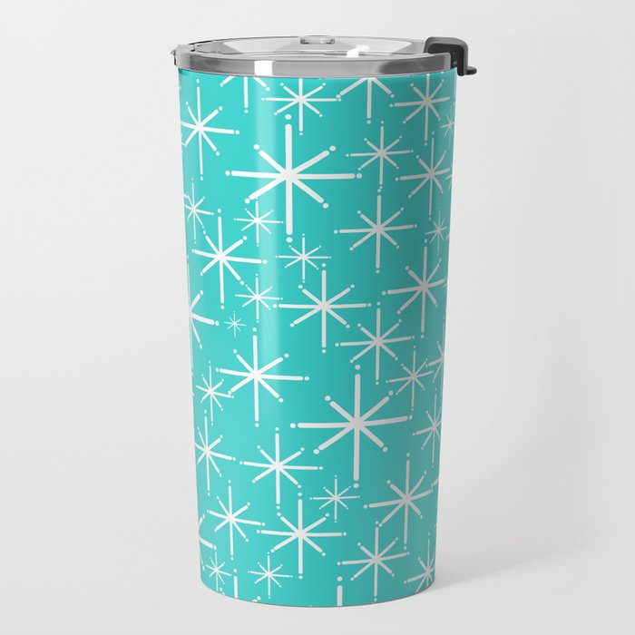 Mid Century Modern Twinkling Starburst Pattern in Robins Egg Turquoise Blue and White Travel Mug Gallery Image 2